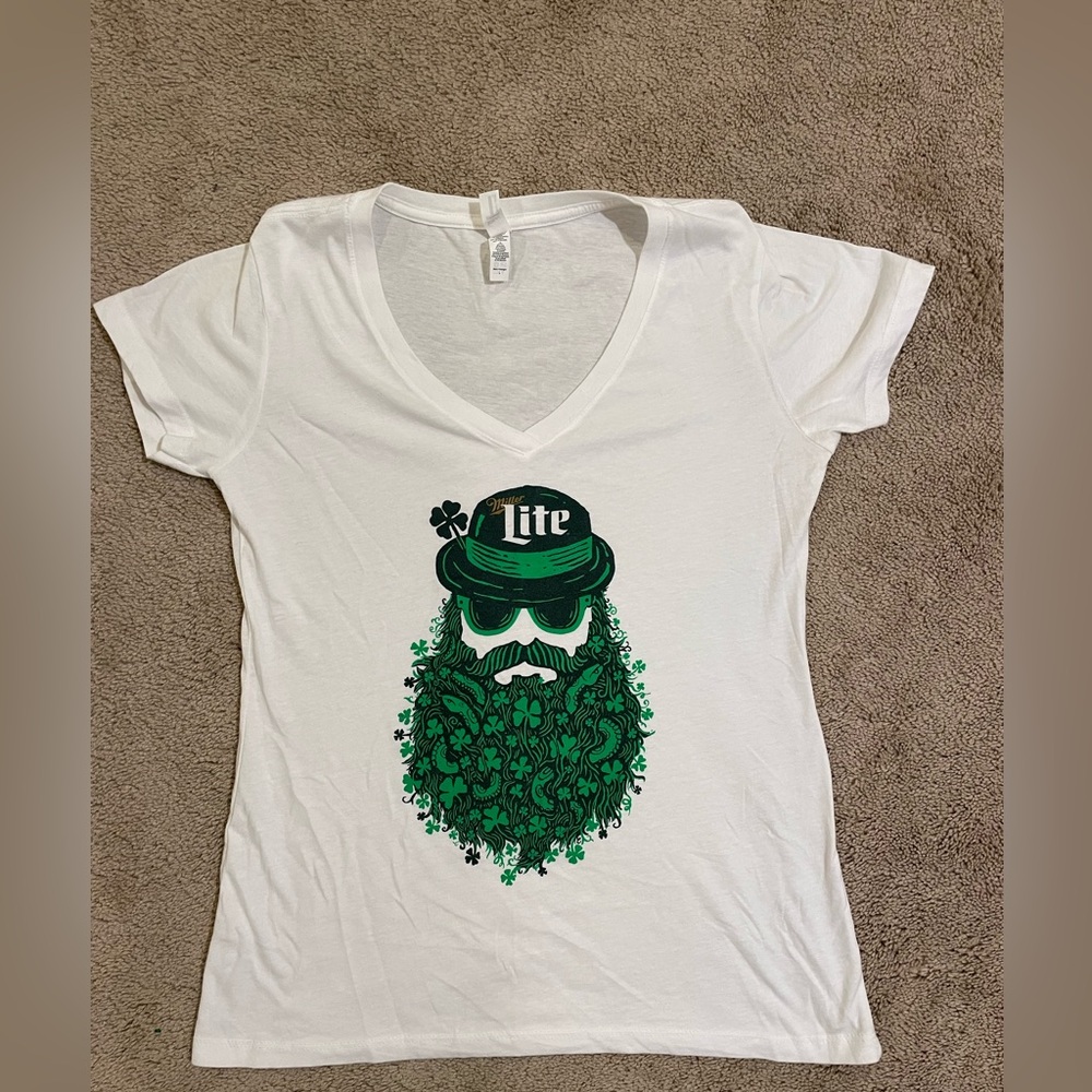 White V-Neck Miller Lite St Patrick’s Day T-Shirt